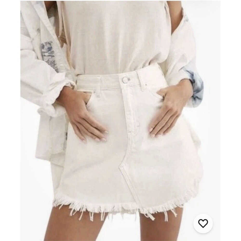 Free People Bailey Fringe Denim Mini Skirt Size 30 Coconut Off White NWT $68